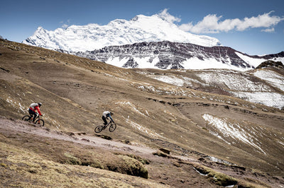 Mountain bikers riding down trail with glacier capped peaks in the background