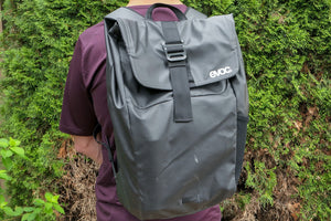 Pinkbike editor wearing EVOC Duffle Backpack 26L