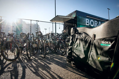 BORA-hansgrohe mobile service course full of bikes to be packed into EVOC Road Bike Bag Pro bike travel bags