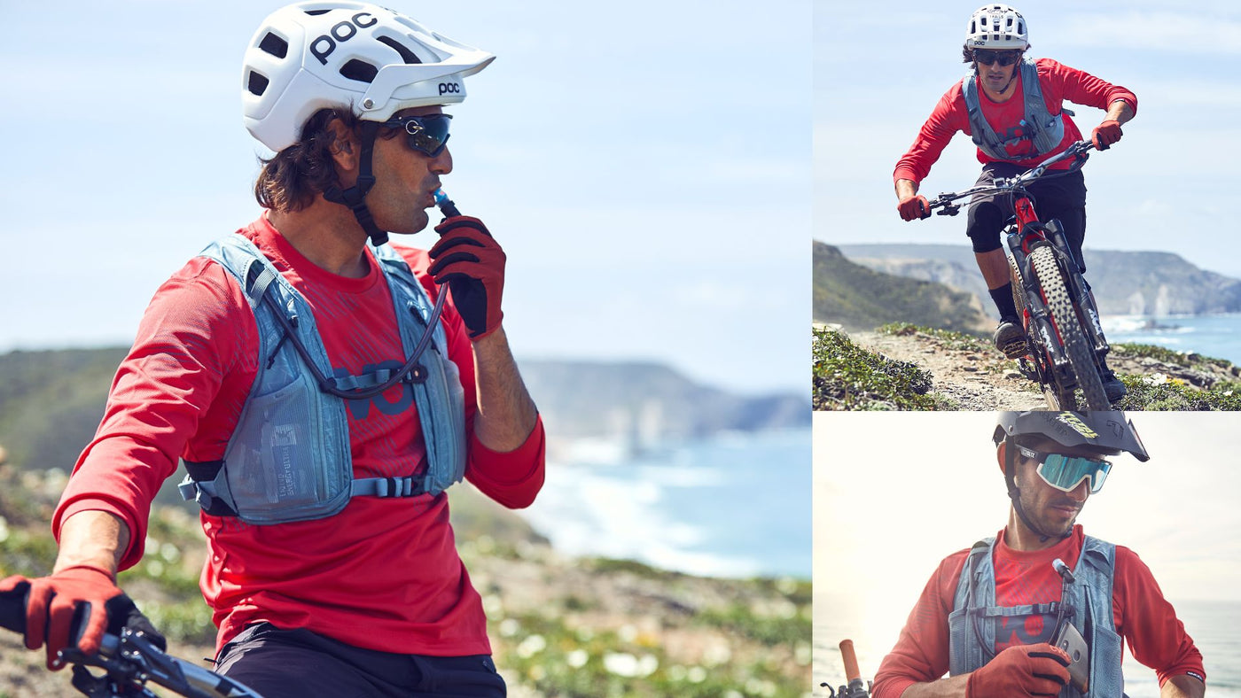 EVOC Hydro Pro lightweight hydration vest worn by mountain bikers in image collage